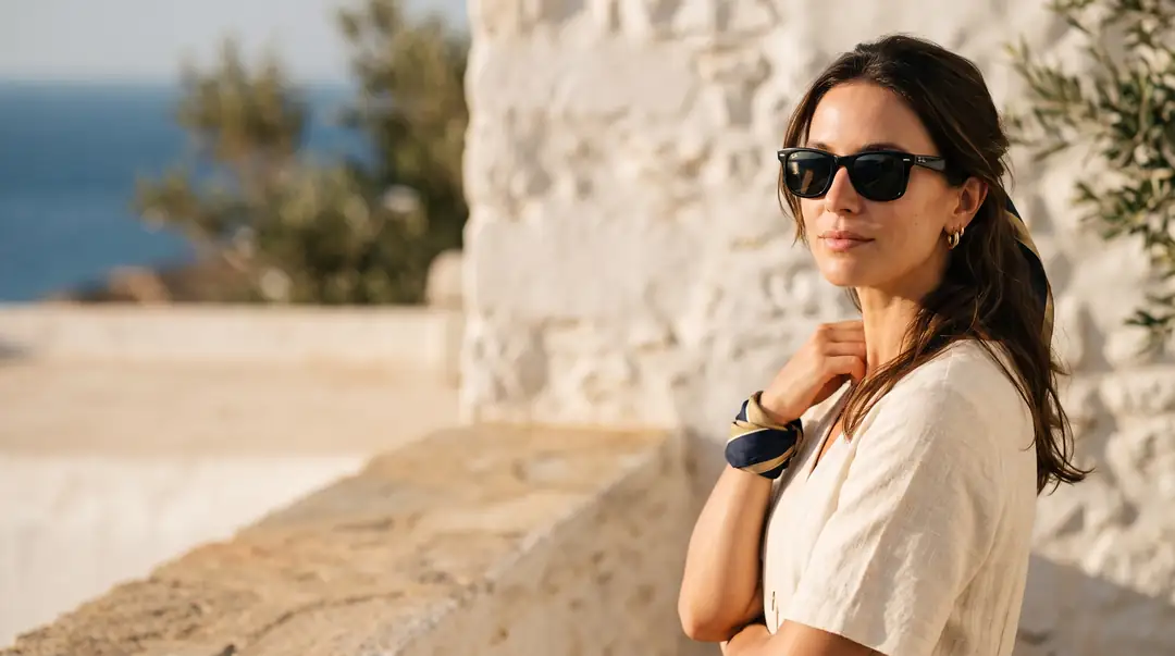 Güneşli Ege terasında siyah Wayfarer güneş gözlüğü ve bej keten elbisesiyle poz veren kadın, Akdeniz moda koleksiyonu